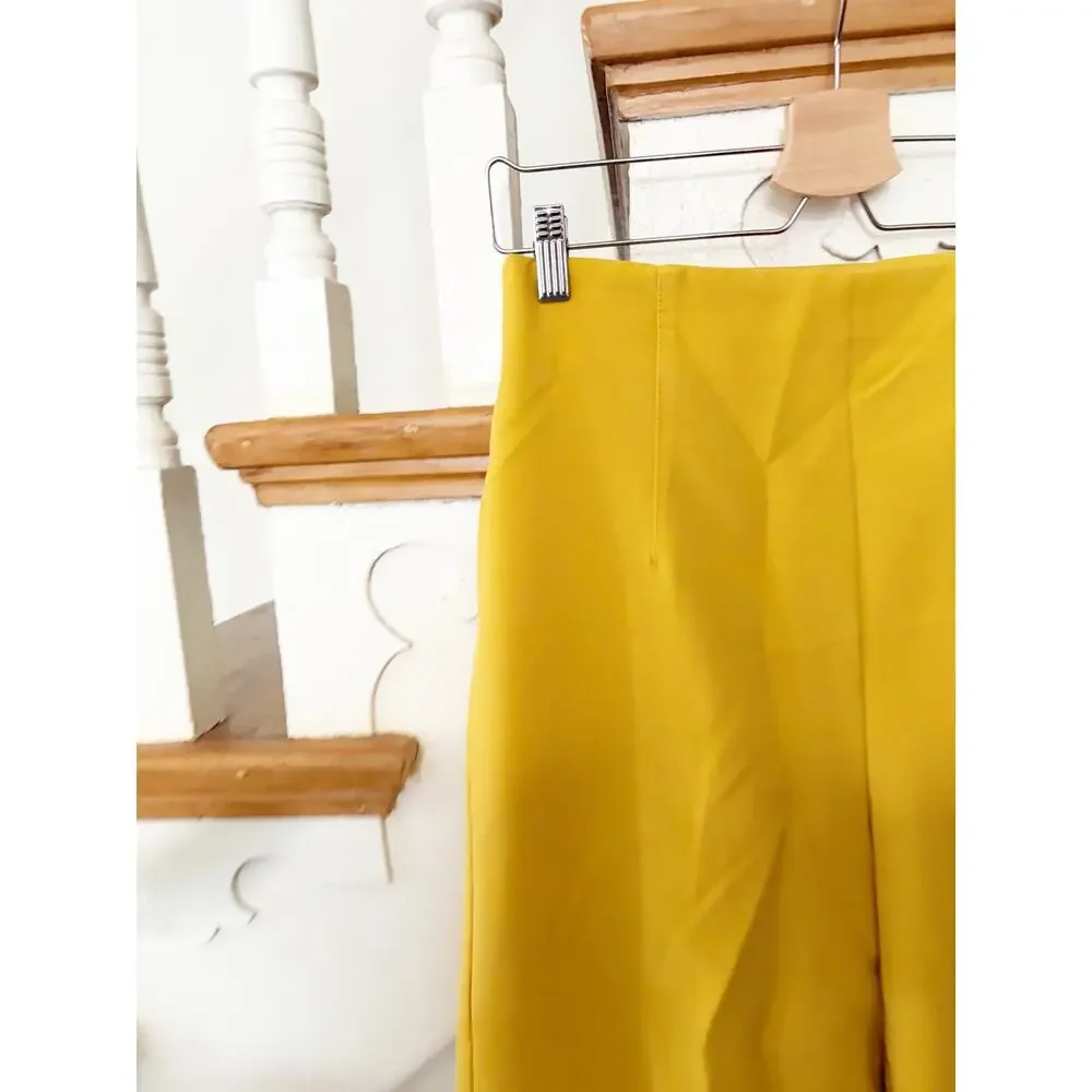 Zara High Waisted Wide Leg Cropped Pants Yellow Side Zip Trouser Size M - Picture 3 of 8